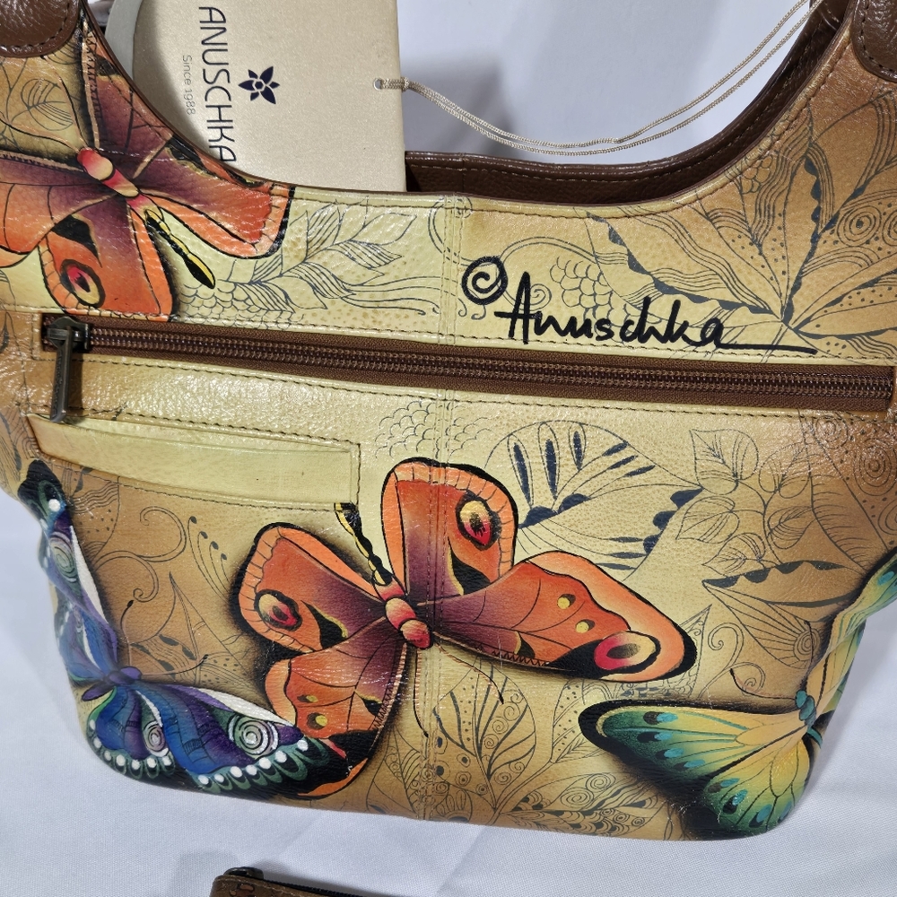 Anuschka Butterfly Floral Leather Handpainted Shoulder Handbag Coin Purse, Cover - Picture 2 of 15